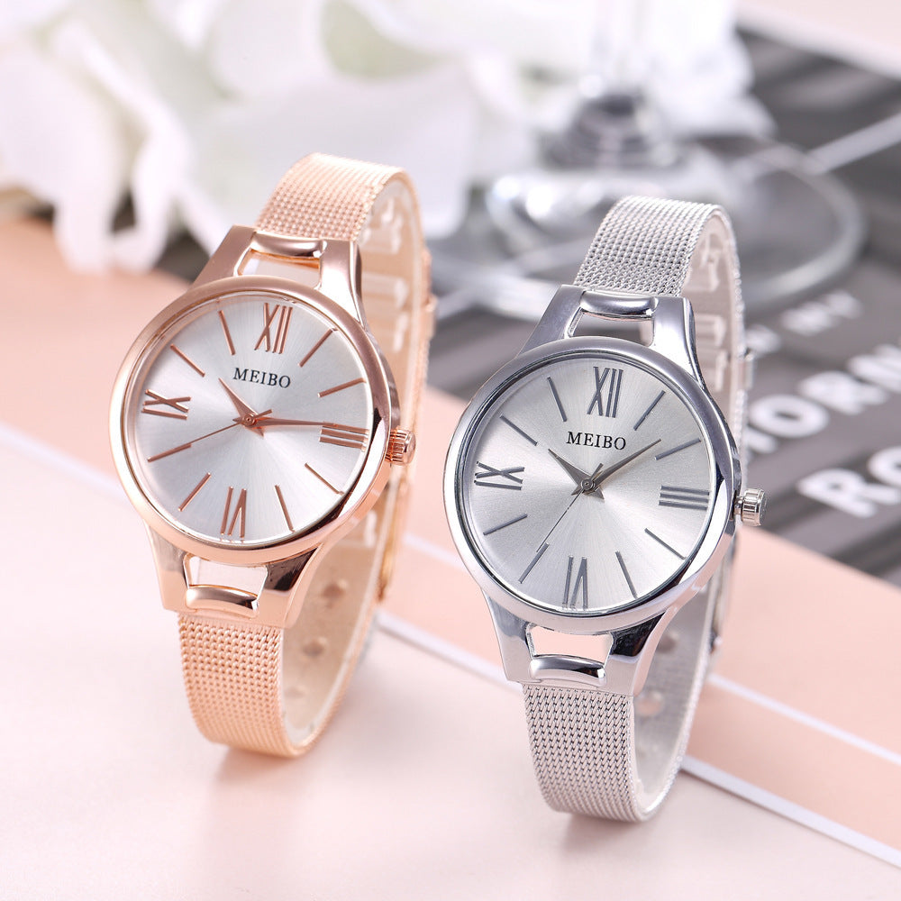 Women's Rose Gold Mesh Watch – Minimalist Round Dial with Pin Buckle