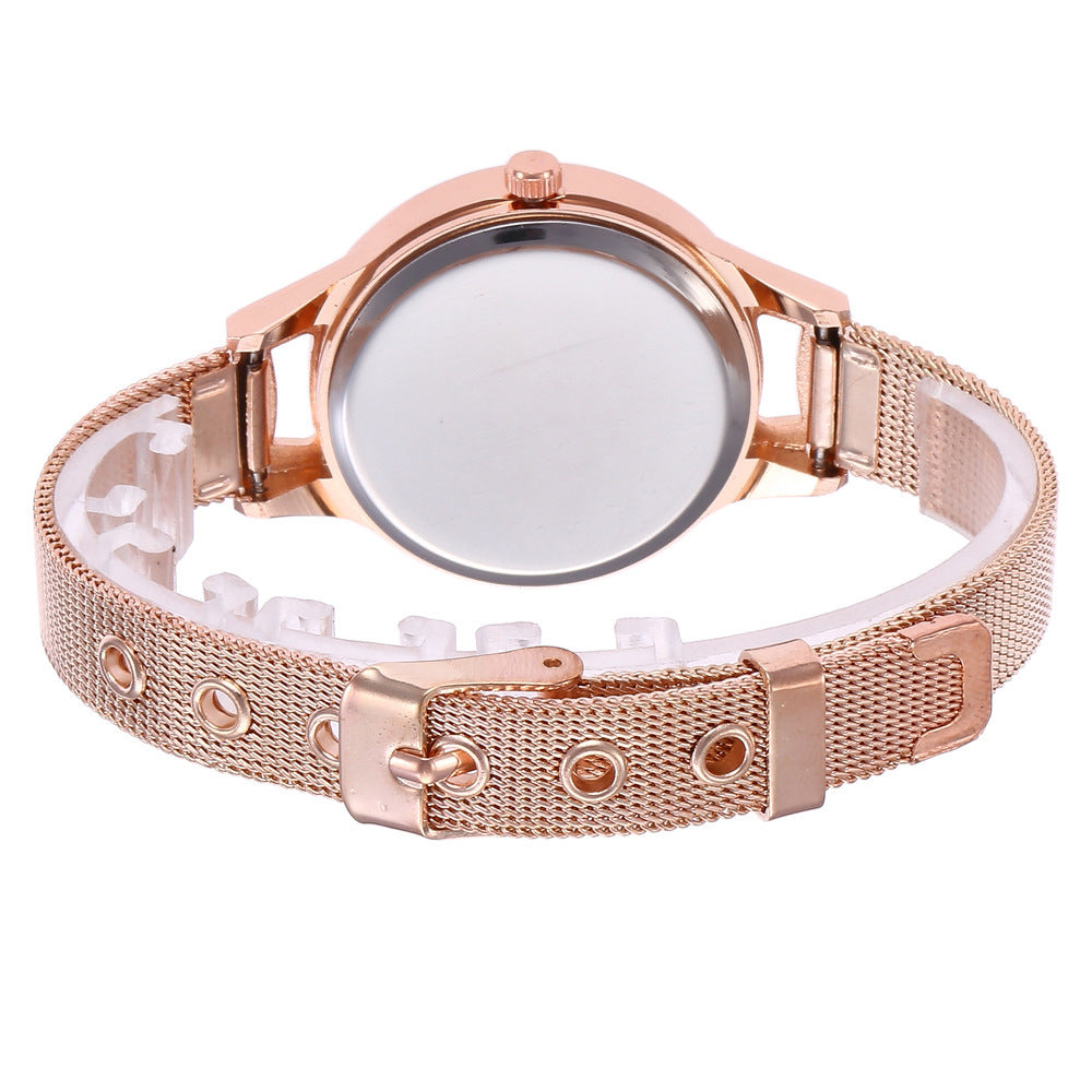 Women's Rose Gold Mesh Watch – Minimalist Round Dial with Pin Buckle