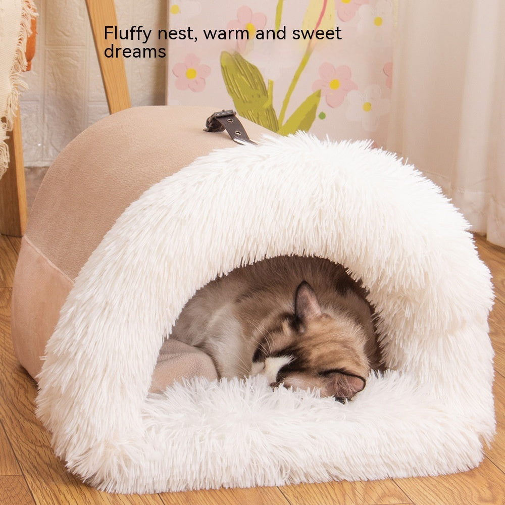 Portable Warm Pet Nest – Winter Dog & Cat Bed with Long Fur & Moisture-Proof Design